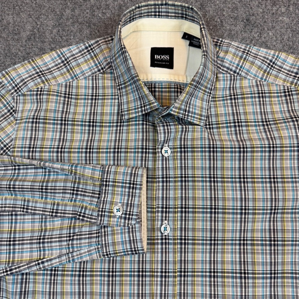 Hugo Boss Regular Fit Plaid Button Down Shirt Mens Small Blue Yellow Long Sleeve